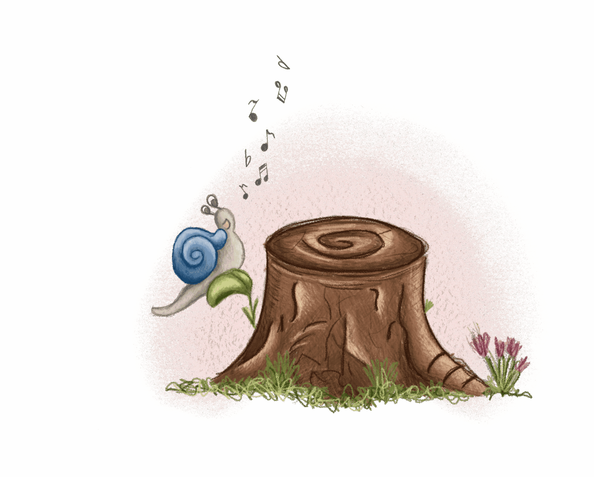 Illustration af syngende snegl på træstub med noder og blomster – pynt fra Fabelskoven