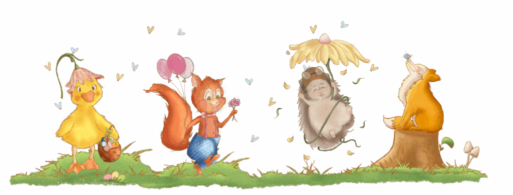 Forsideillustration med Annie And, Charlie Egern, Pigge Pindsvin og Nellie Ræv – venner fra Fabelskoven i farverigt banner