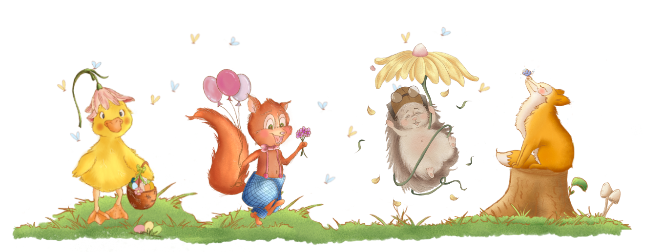 Forsideillustration med Annie And, Charlie Egern, Pigge Pindsvin og Nellie Ræv – venner fra Fabelskoven i farverigt banner