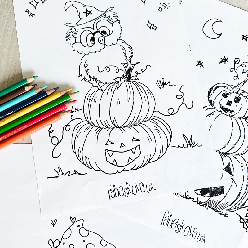 Print-selv farvelægningstegning med ugle på græskar – Halloween-motiv fra Fabelskoven
